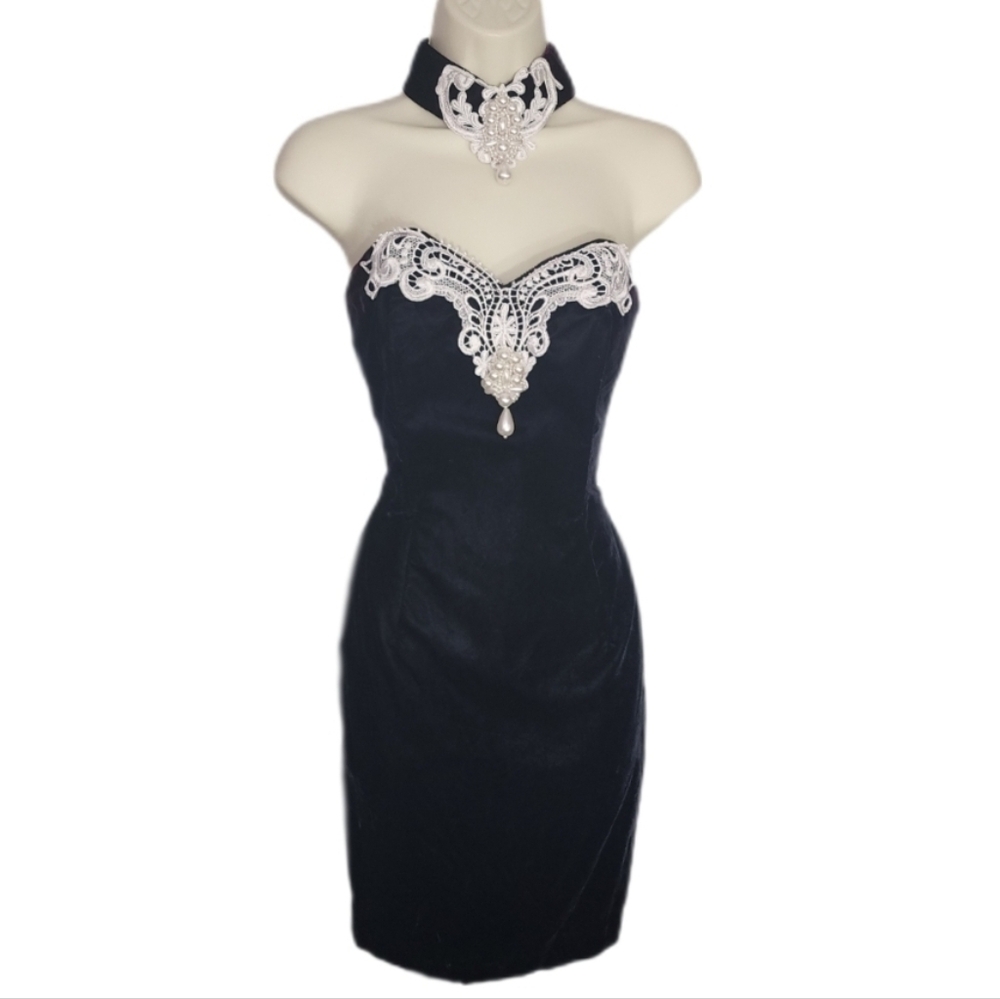 Scott McClintock Dress Vintage Velvet Faux Pearl And Lace Choker Black Size 4 - Picture 3 of 14